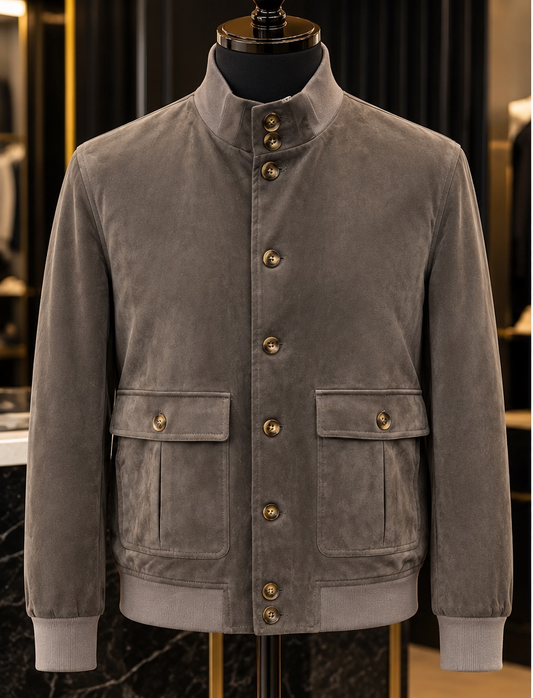 HORST – Suede-Look Button-Up Bomber Jacket | Taupe