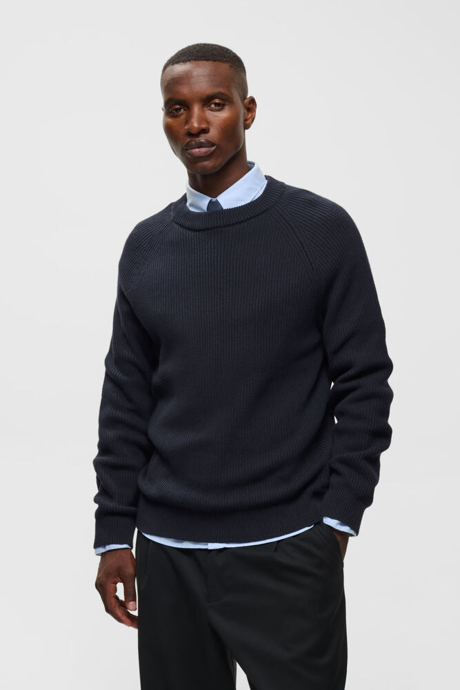 Matinique Ribbed Crew Neck Knit Sweater - Navy