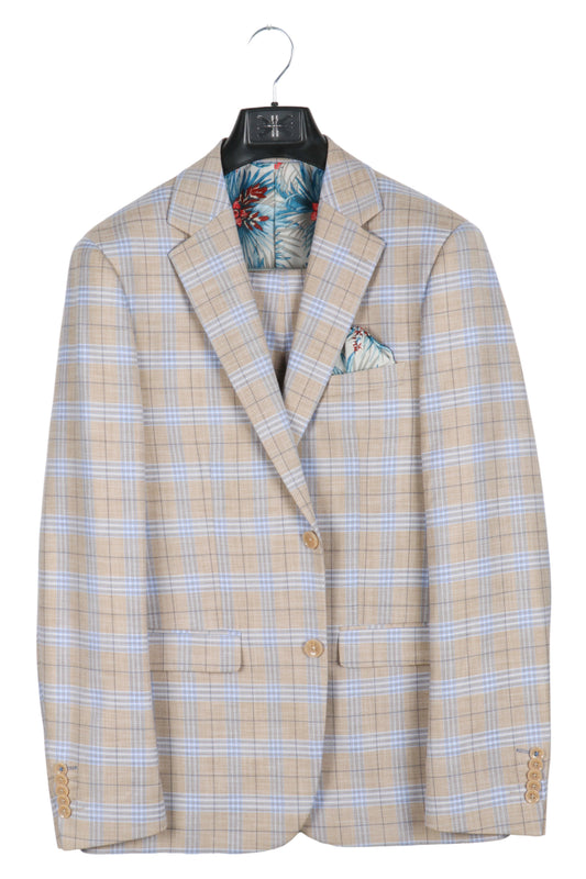 Beige Check Slim Fit Suit - Soul Of London